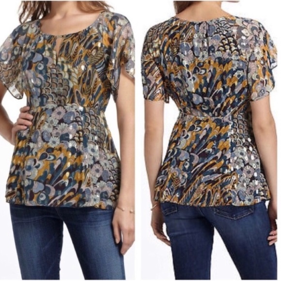 Anthropologie HD In Paris Prisma Peacock Silk Top - Picture 1 of 5